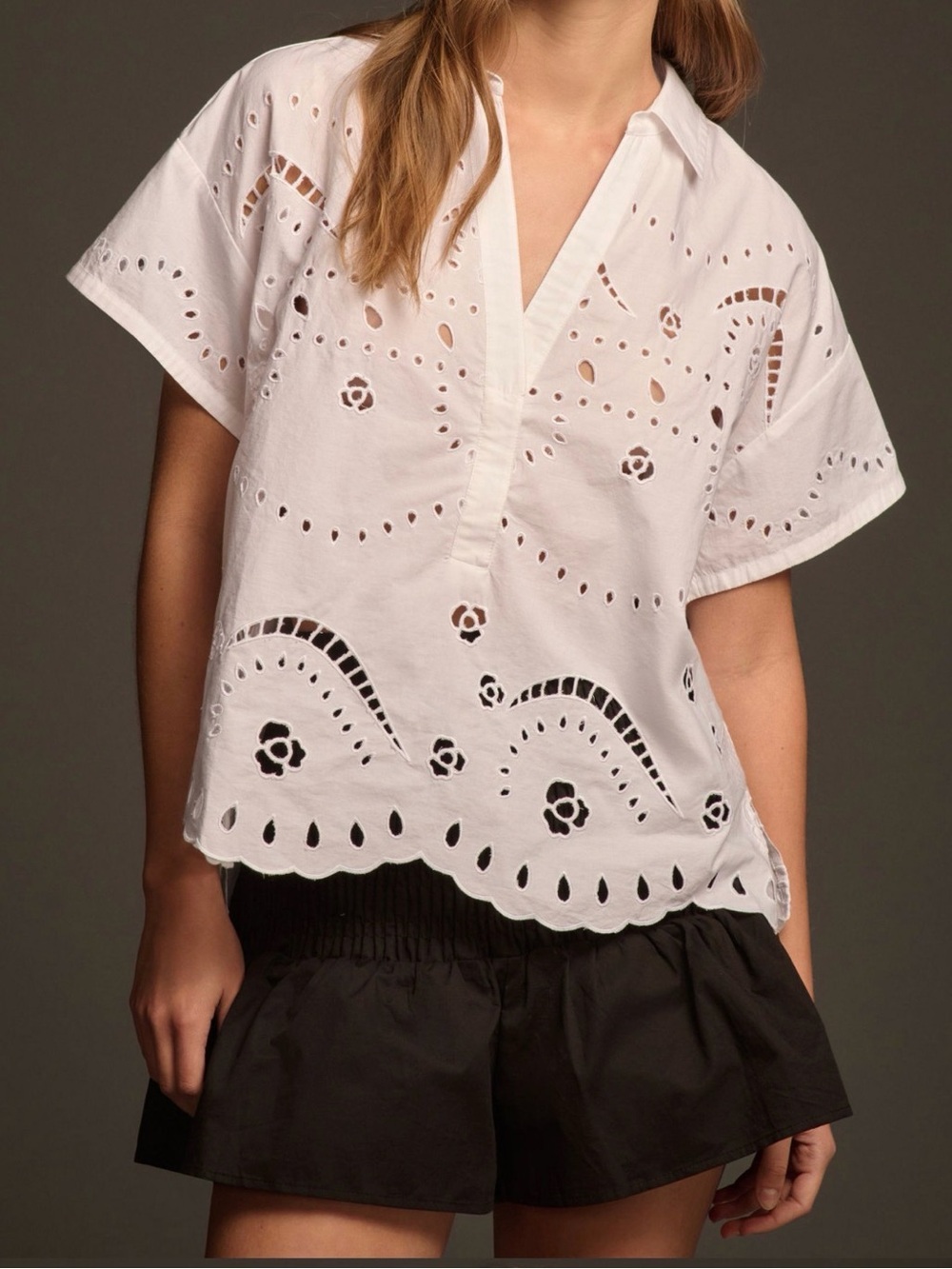 Maeve White Eyelet Cotton Short-Sleeve Blouse